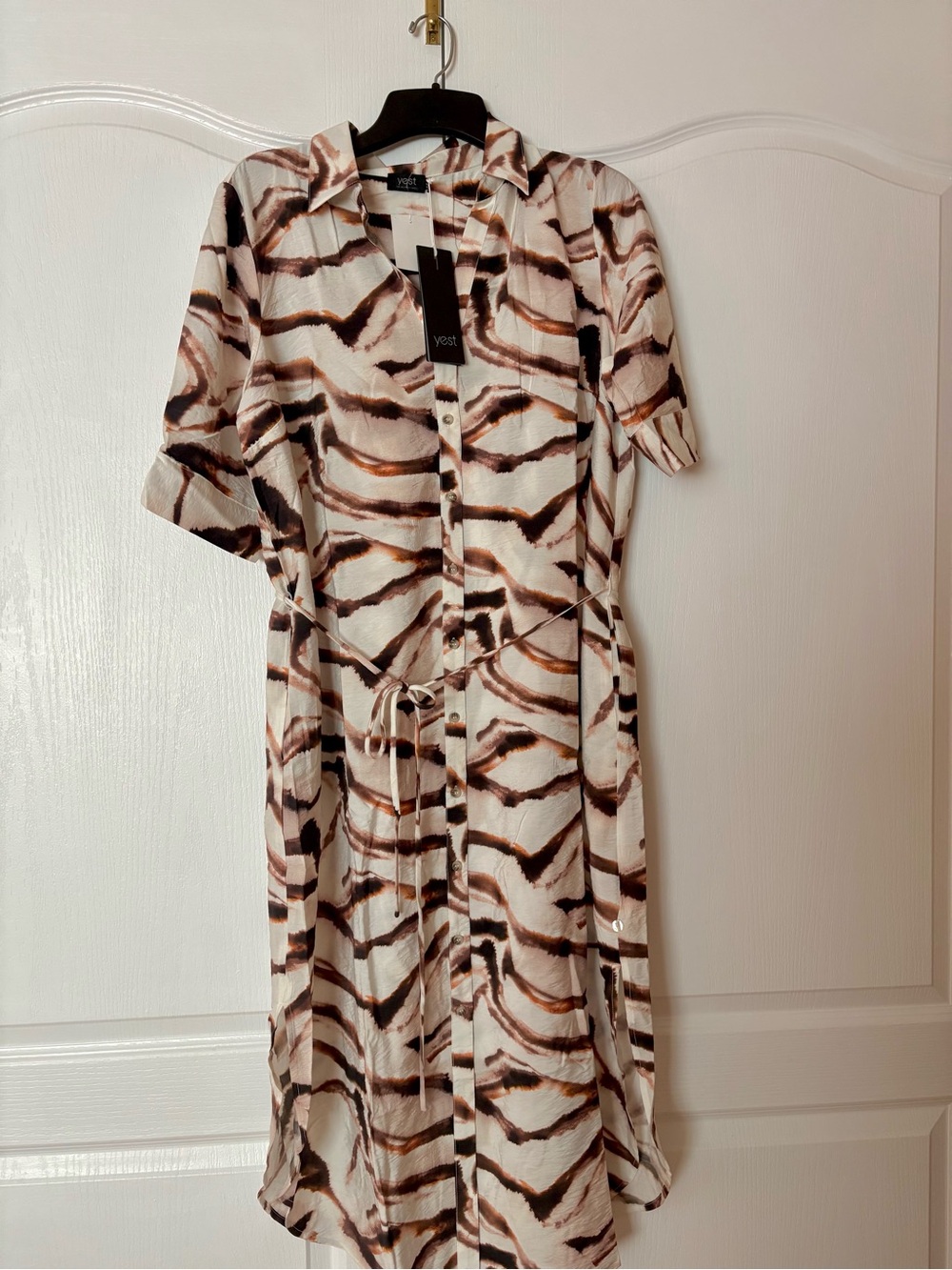 Yest Cream and Brown Printed Midi Shirt Dress